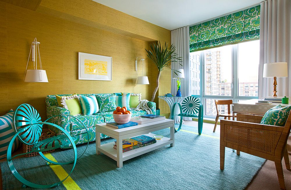 Beach style living room in yellow and turquoise with a couch that also adds pattern [Design: Scott Sanders / Photography by Nick Johnson]