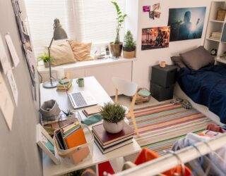 An aerial shot of a bedroom with lots of small decor and plants.