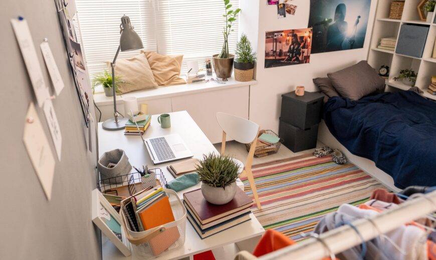 An aerial shot of a bedroom with lots of small decor and plants.