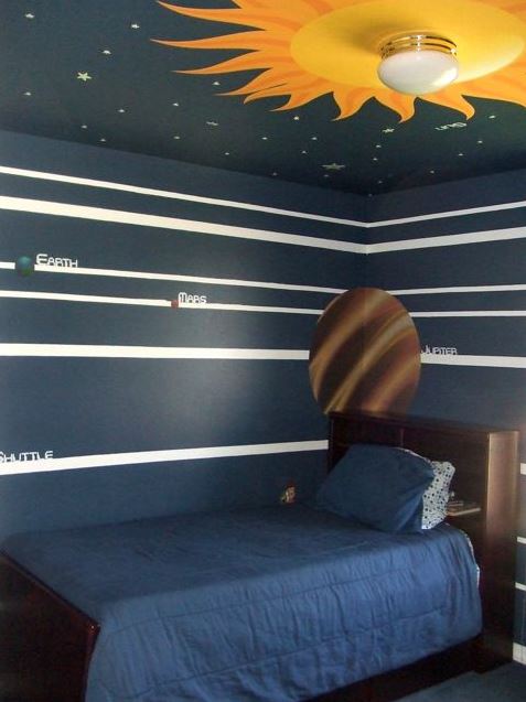 Space-themed bedroom with the sun painted around the light while the walls have the names of the planets.