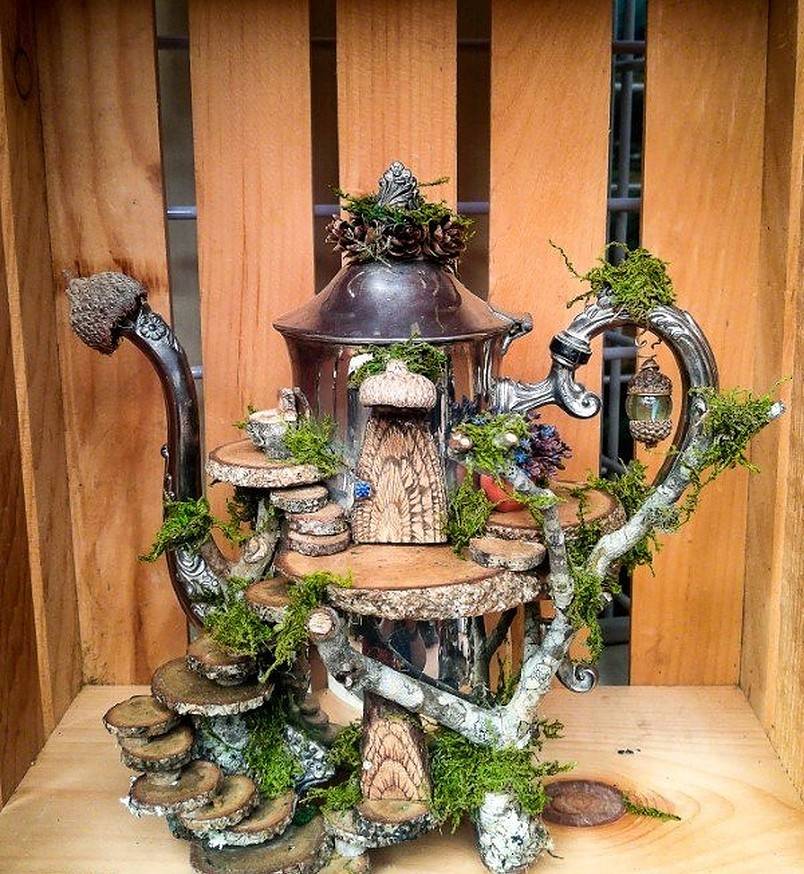 Vintage silver tea pot fairy garden