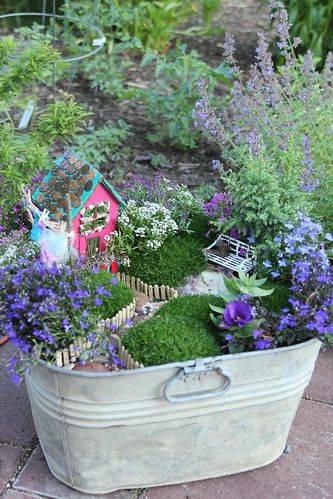 galvanized wash tub fairy garden