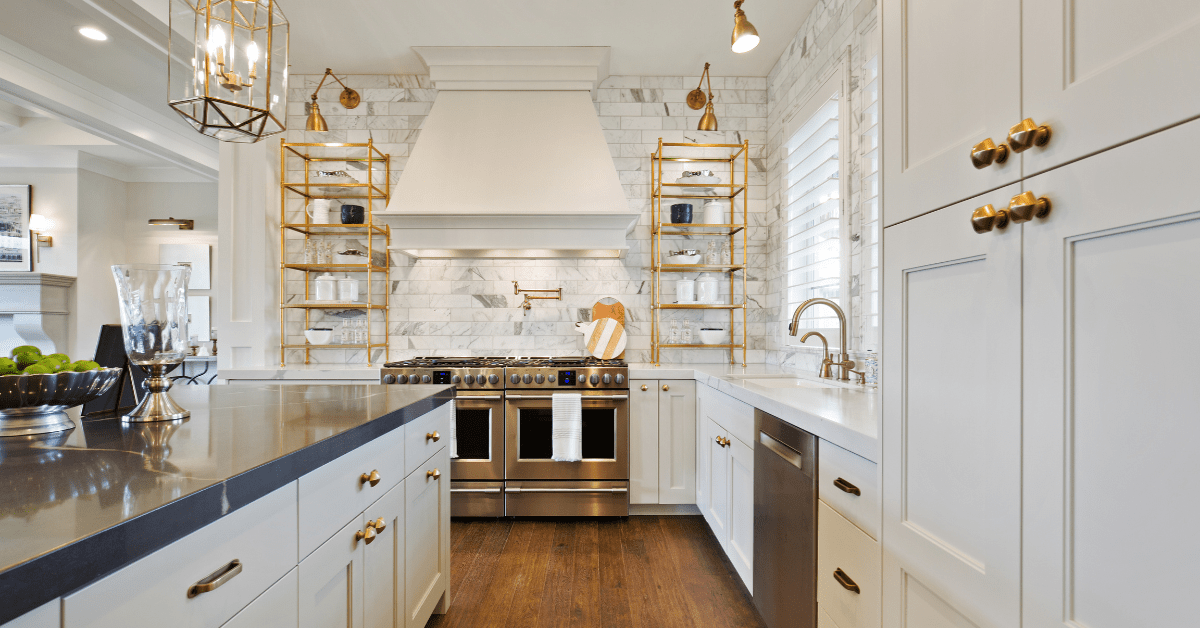 Modern kitchen with brass fixtures.