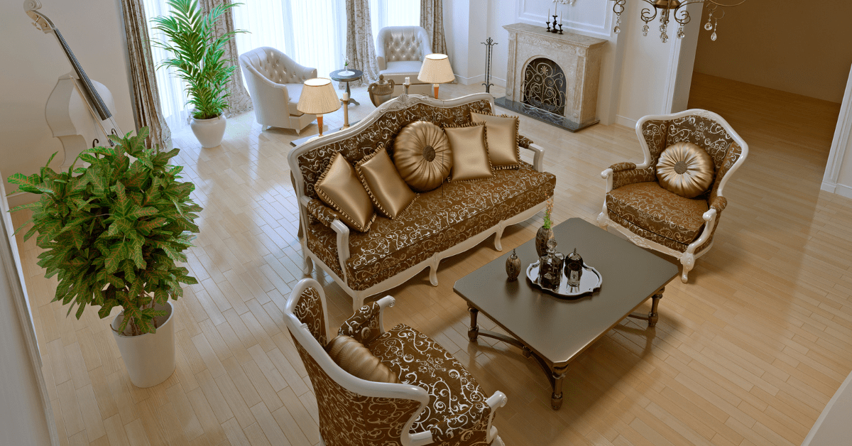 Vintage furniture in an art deco living room.